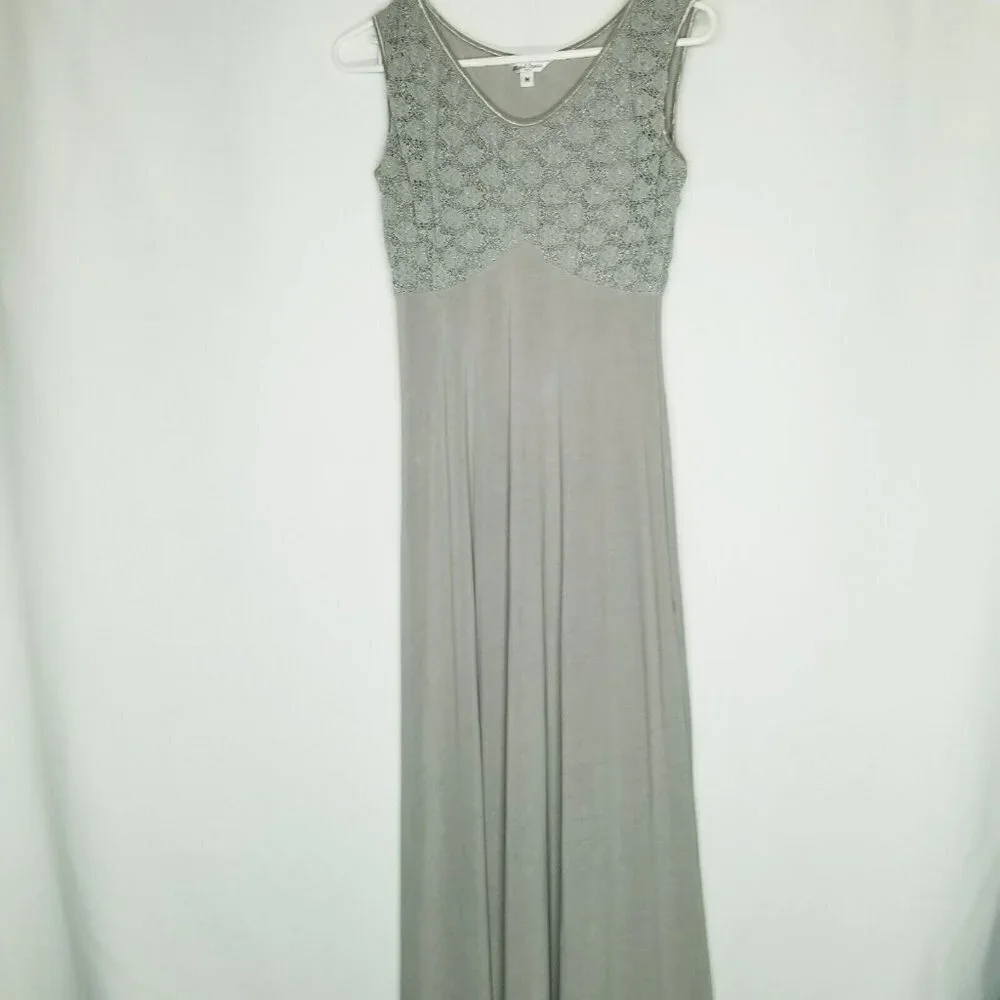 Michel Stephen Via Moda long grey gray‎ maxi dress stretchy lace sleeveless M